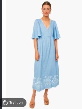 Tuckernuck Open Sky Light Blue Linen V- Neck Embroidered Women’s Dress